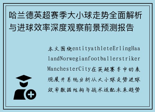 哈兰德英超赛季大小球走势全面解析与进球效率深度观察前景预测报告